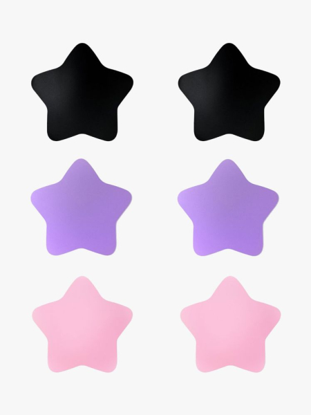 Three pairs of black, purple, and pink Tita star-shaped nipples covers on a light gray background