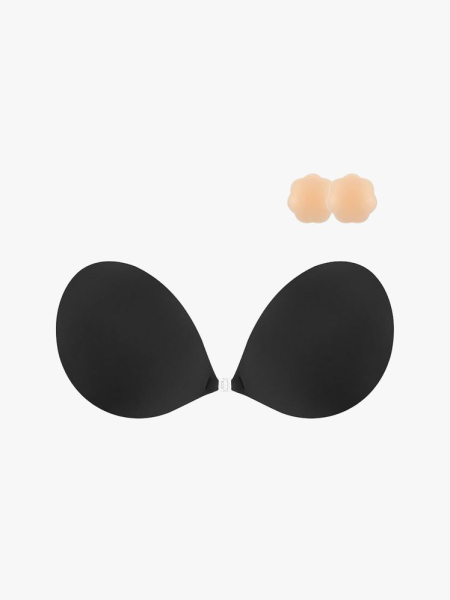 Niidor Adhesive Bra black sticky bra and pale nude nipple covers on light gray background