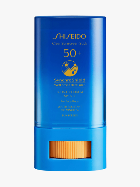 Shiseido Clear Sunscreen Stick SPF 50+ in branded blue twist up applicator on light gray background