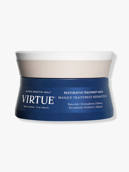 Virtue Hydrating Keratin Restorative Treatment Mask blue jar with beige lid on light gray background