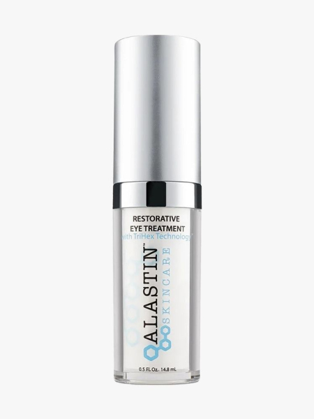 Alastin Restorative Eye Treatment clear bottle of eye cream with silver cap on light gray background