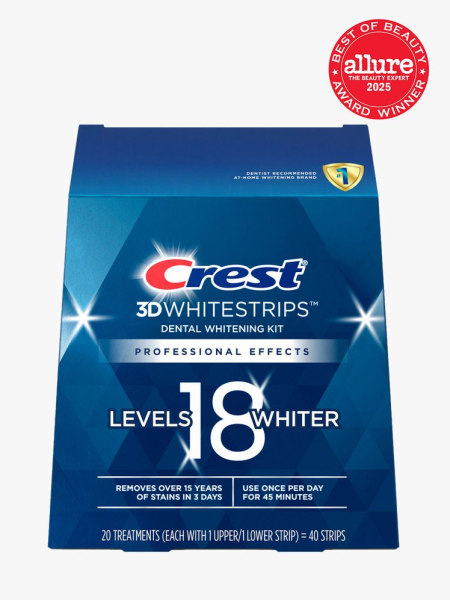Crest 3D Whitestrips Professional Effects in branded box packaging on light gray background with red Allure Best of Beauty seal in the top right corner