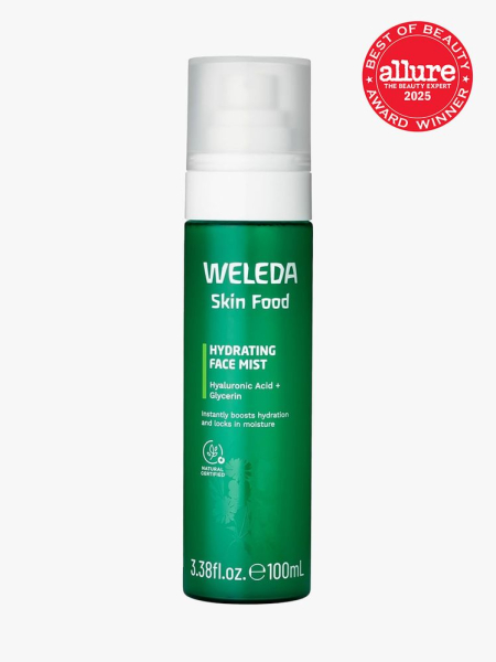 Weleda Skin Food Hydrating Facial Mist in branded component with best of beauty seal in the top right corner on a light gray background